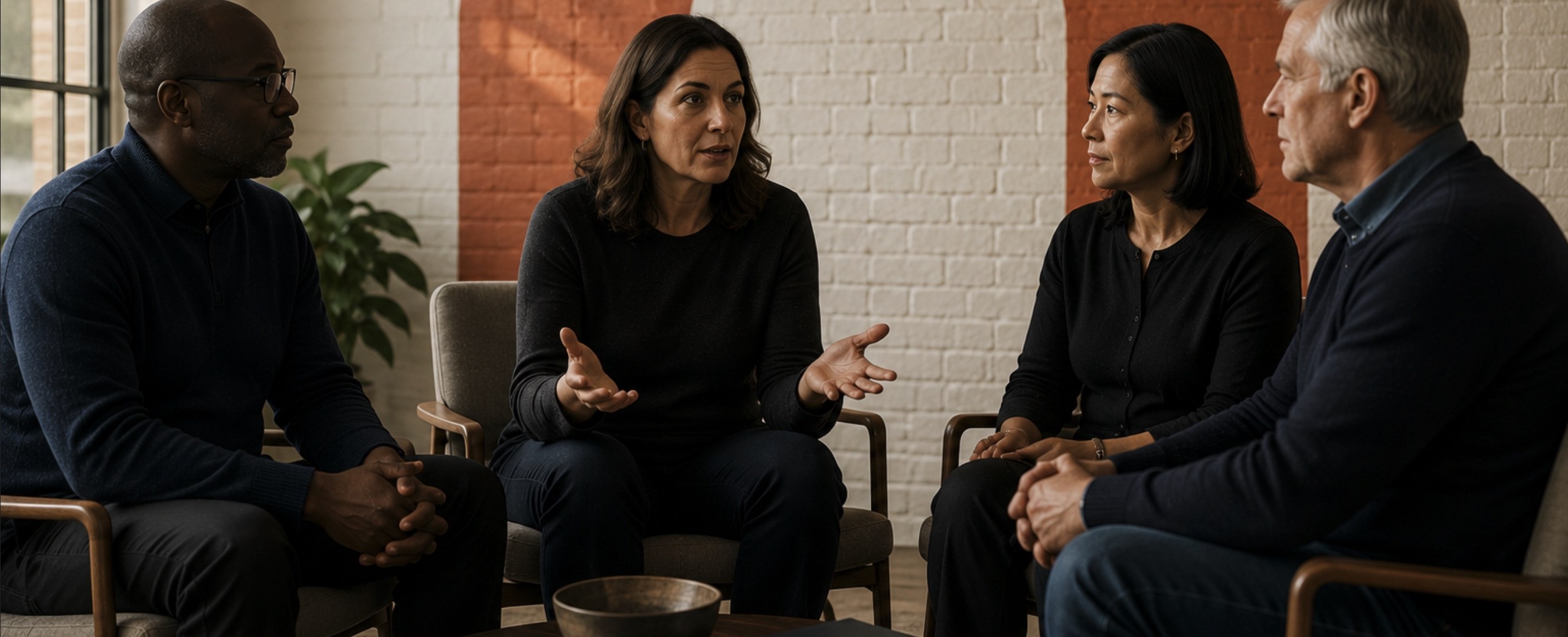 Four people in a circle having a focused conversation