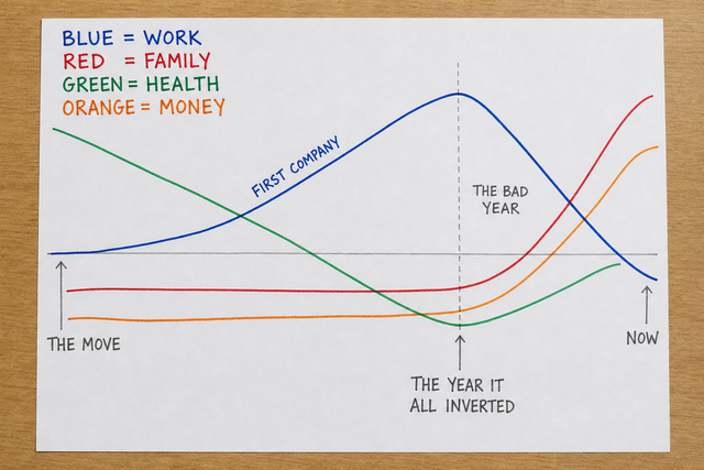 Four coloured curves hand-drawn on white paper. As the blue work line rises, the green health line falls; a dashed vertical line marks "the year it all inverted."