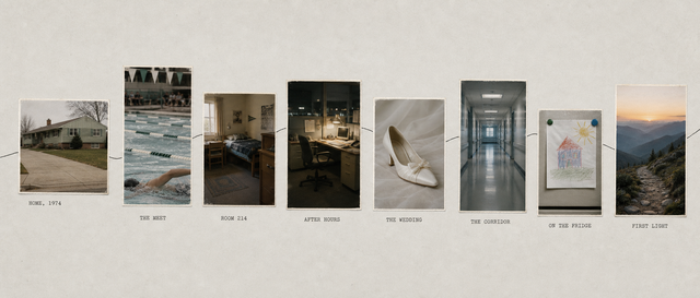 Eight photographs arranged left to right on a wall, joined by a line that peaks and dips between them, each captioned in typewriter text.